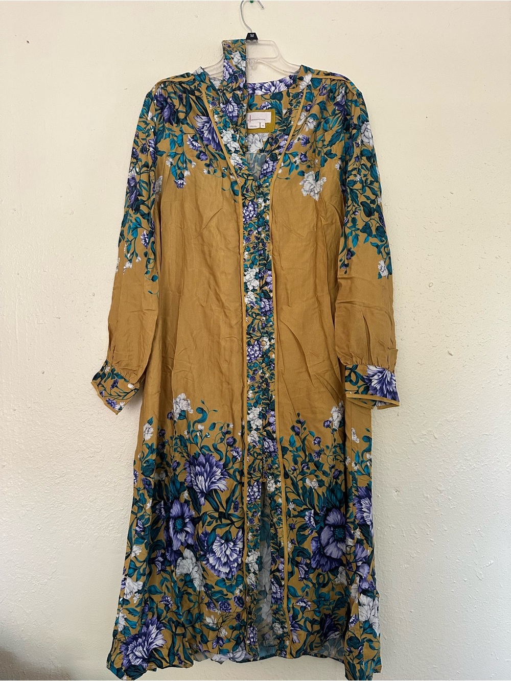 Anthropologie Mustard Floral Long-Sleeve Midi Dress EUC
